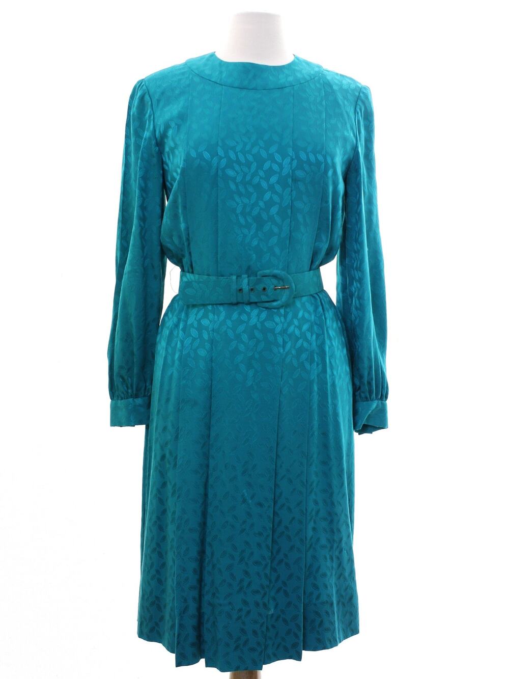 Vintage 70s Helga Turquoise Embossed Leaf Belted Midi Dress Women's Medium